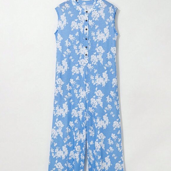 Blue Boho Women's Forget-Me-Not Print Wide Leg Sleeveless Jumpsuit - Picture 3 of 8